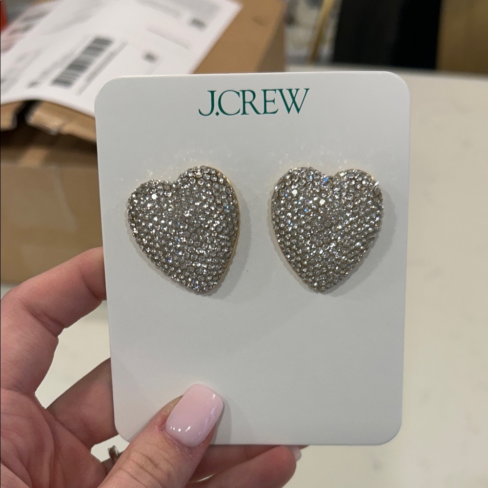 J. Crew Silver Sparkling Heart Stud Earrings